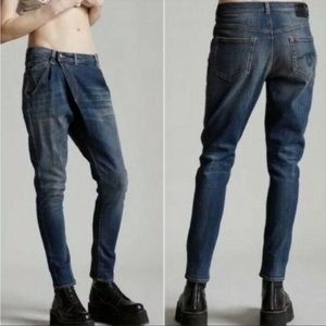 R13 X-Over CrossOver Denim Vinyage Dark Slouchy Stretch Asymmetric Jeans Size 25
